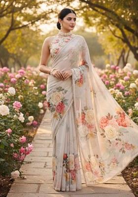 Off-White Printed Georgette Saree