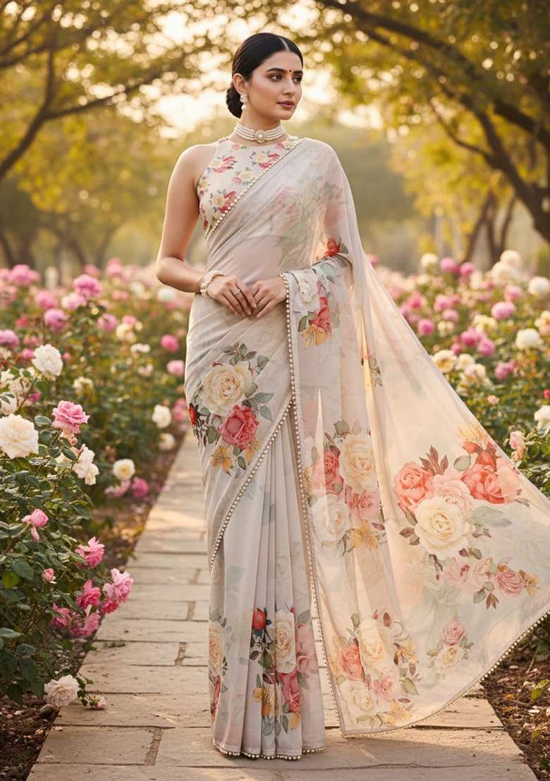 Off-White Printed Georgette Saree for Diwali and Festive Wear - Indya