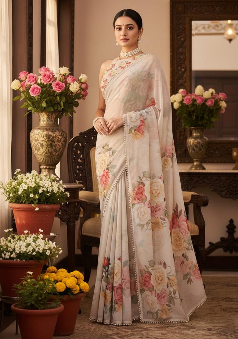 Off-White Printed Georgette Saree - Indya