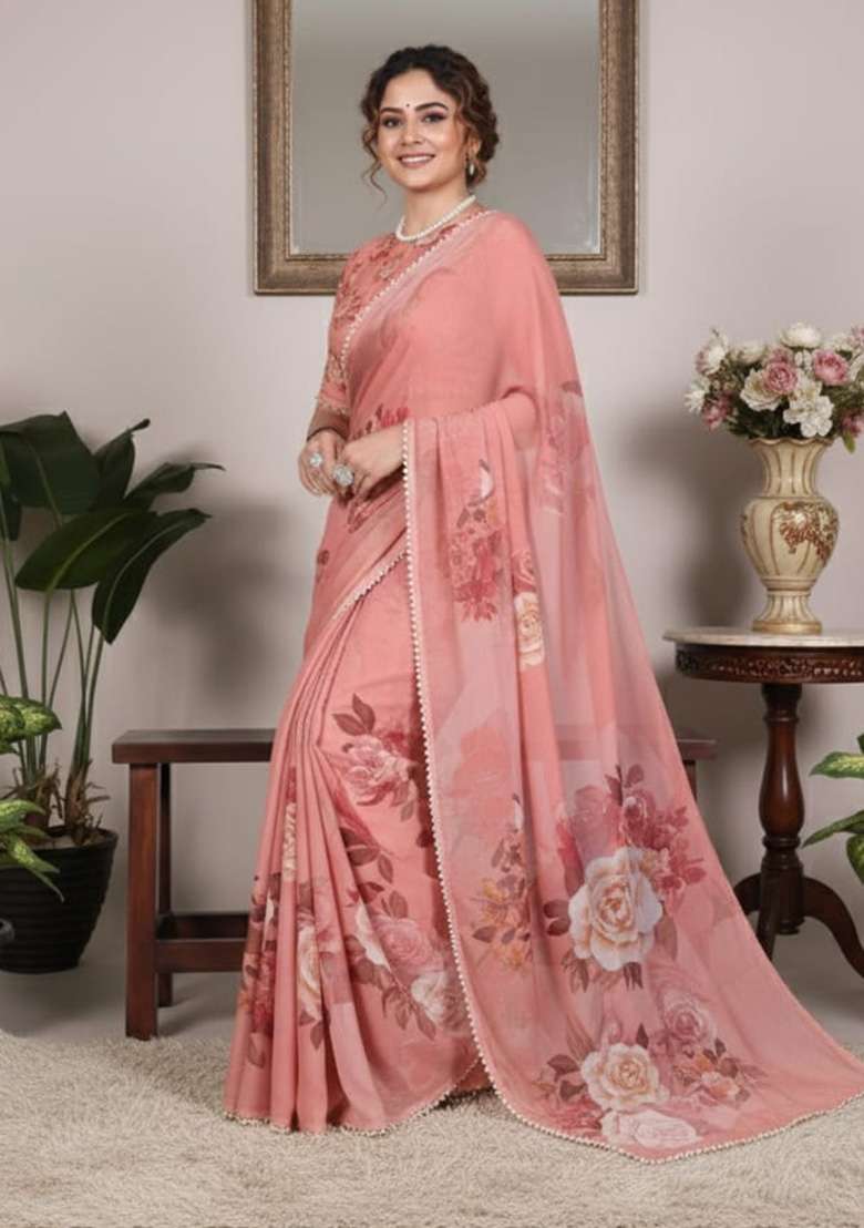 Orange Georgette Saree with Printed for Diwali | Wedding & Festive Wear - Indya