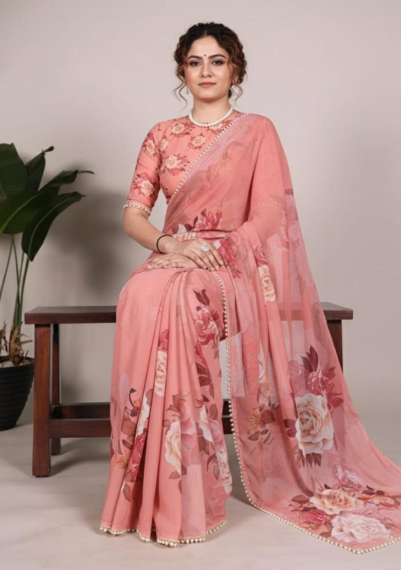 Orange Printed Georgette Saree - Indya