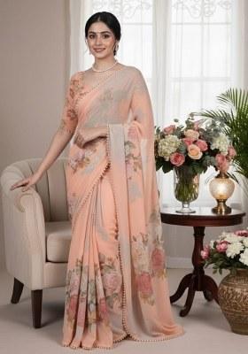 Peach Printed Georgette Saree
