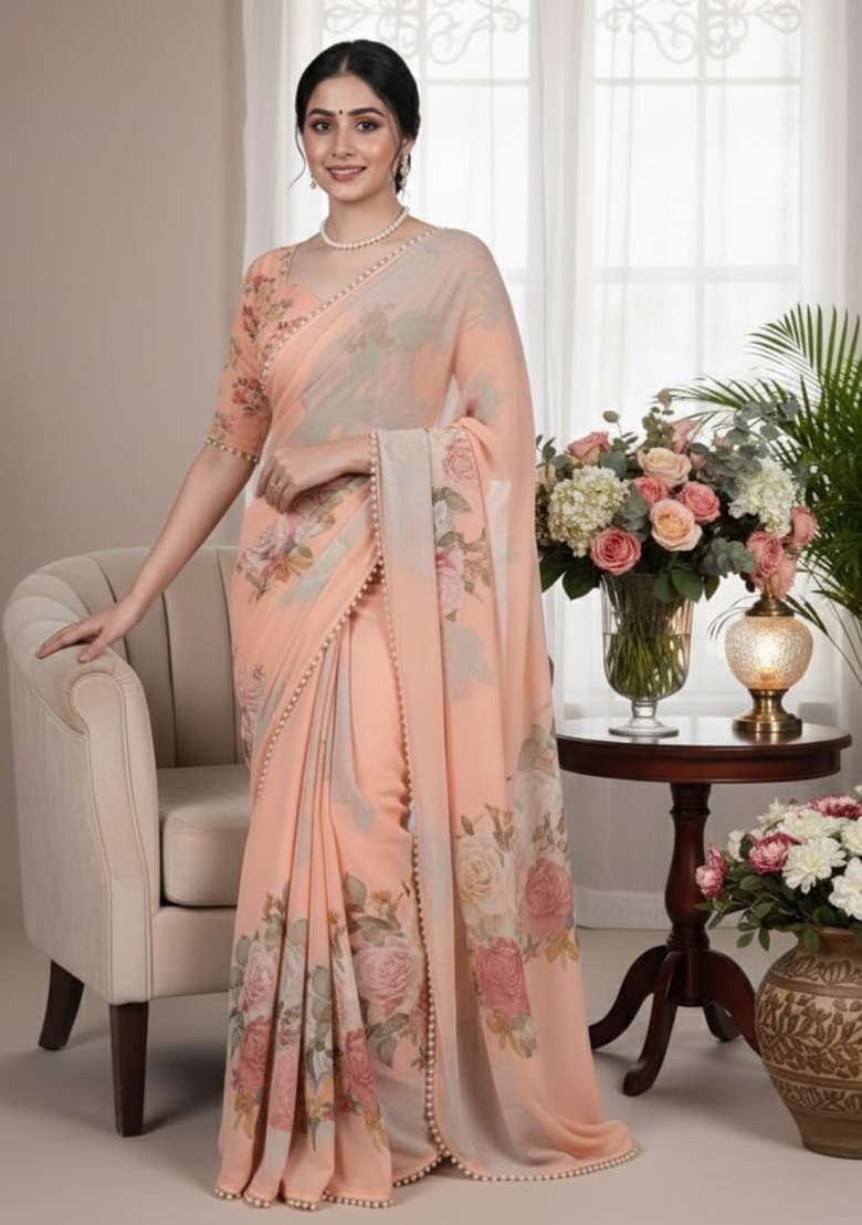 Peach Printed Georgette Saree for Diwali and Festive Wear - Indya