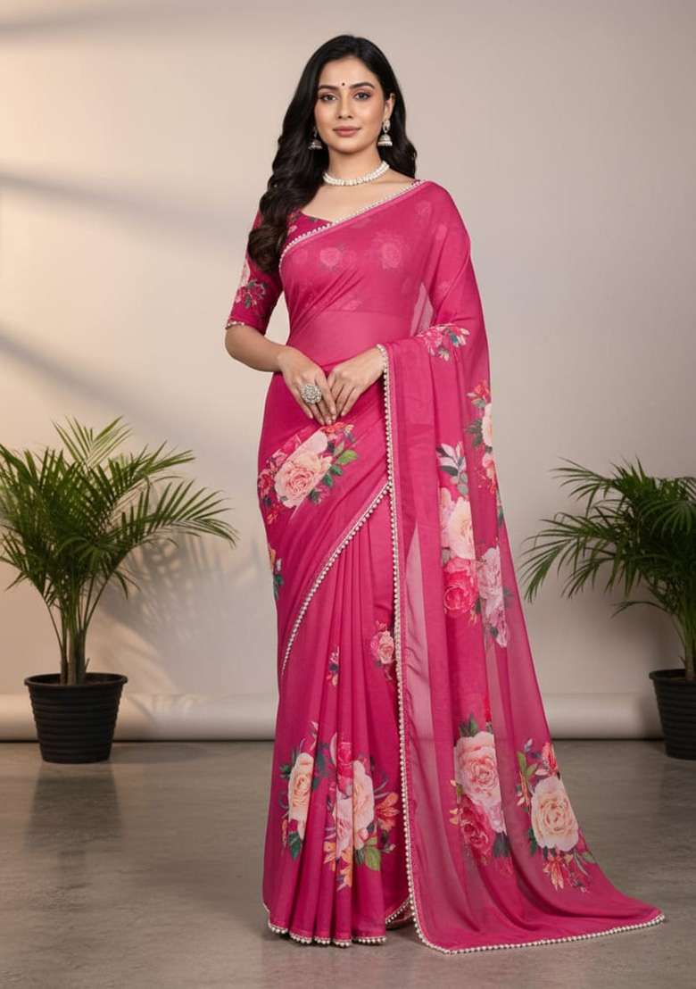 Pink Printed Georgette Saree for Diwali and Festive Wear - Indya