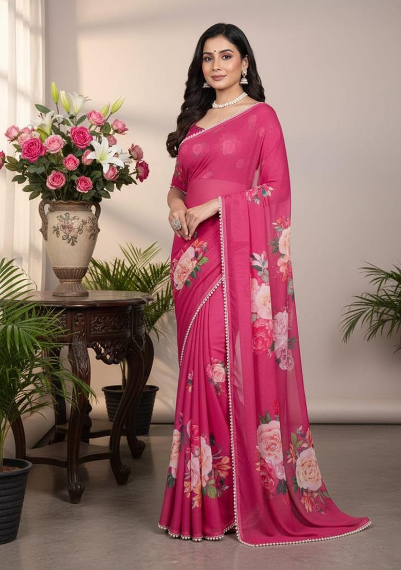 Pink Printed Georgette Saree - Indya