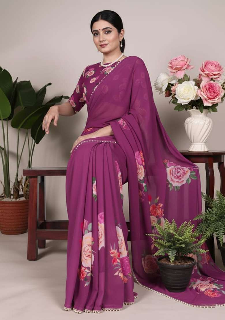 Purple Printed Georgette Saree for Diwali and Festive Wear - Indya