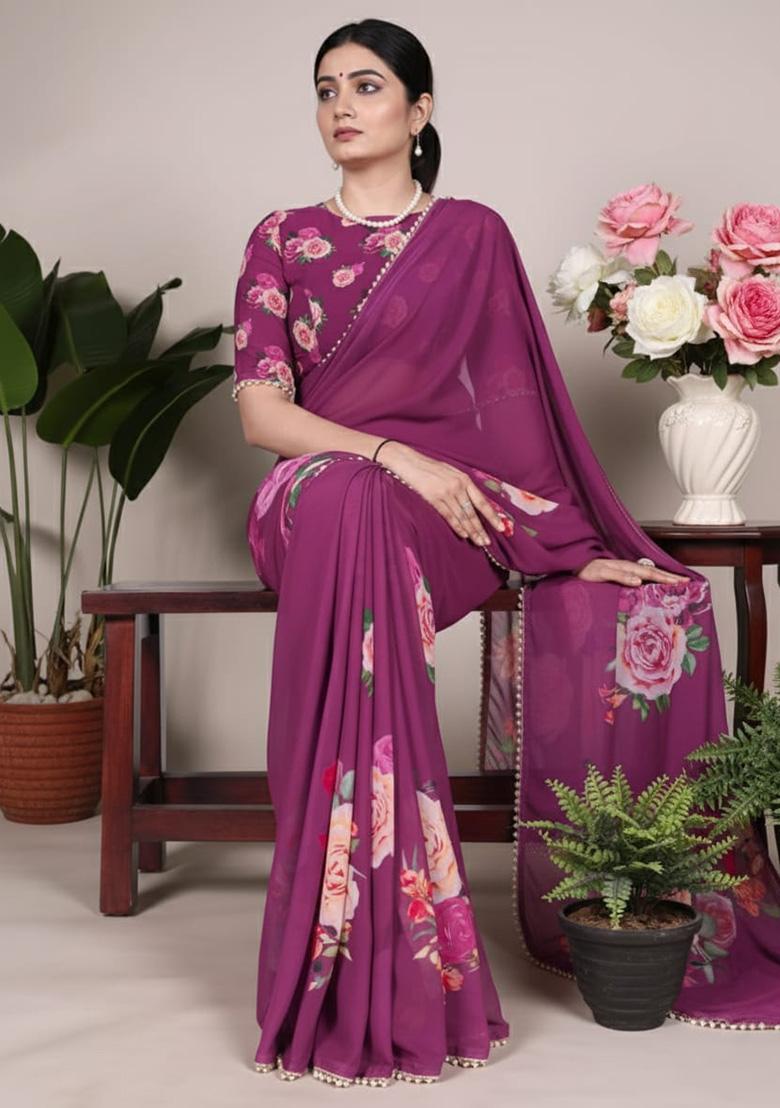 Purple Printed Georgette Saree - Indya
