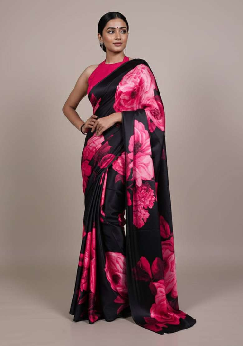 Pink Silk Blend Saree with Printed for Diwali | Wedding & Festive Wear - Indya