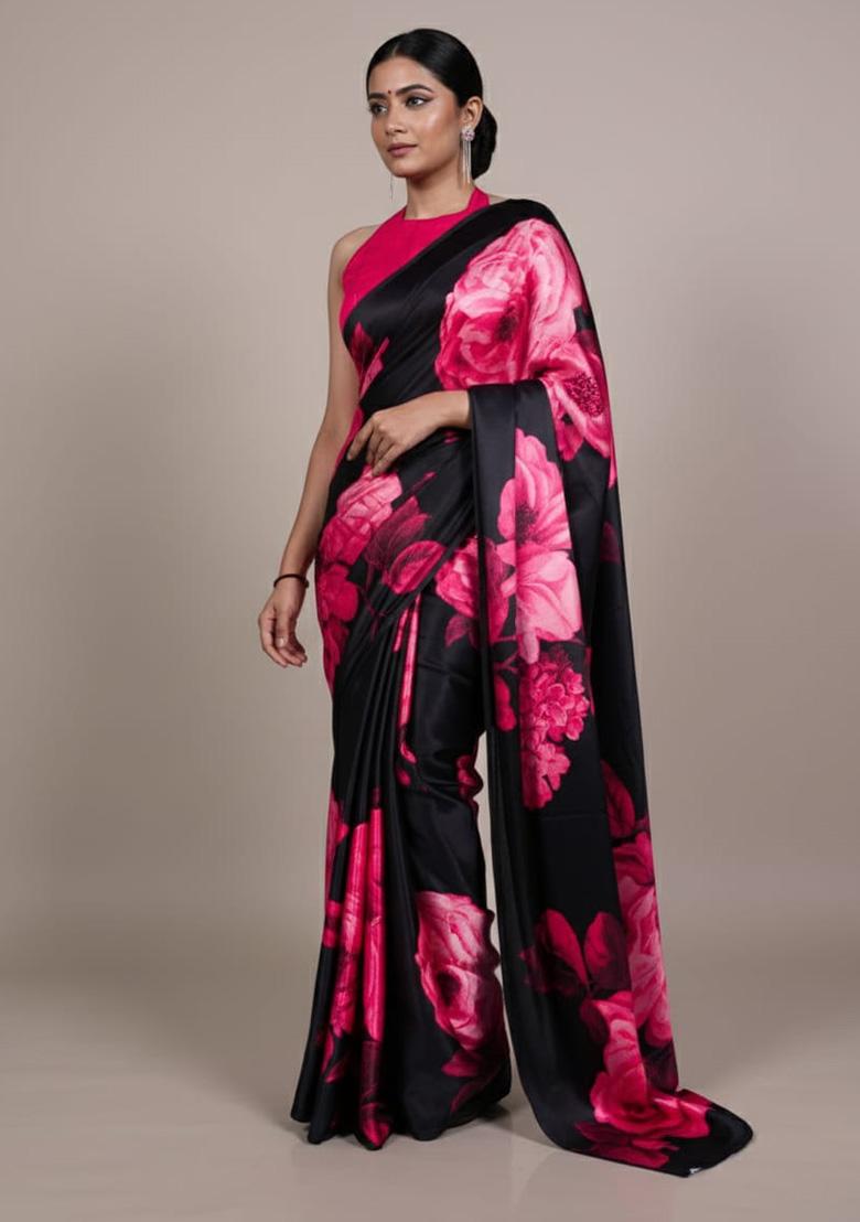 Pink Printed Silk Saree - Indya