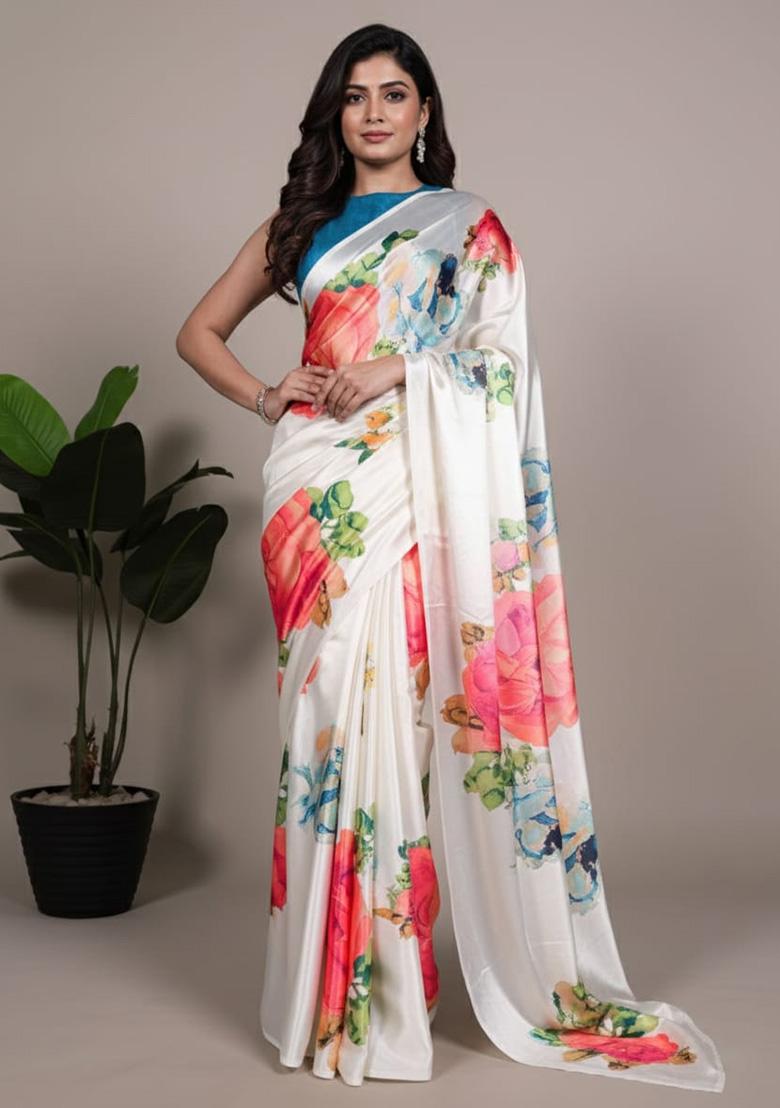 White Printed Silk Saree - Indya