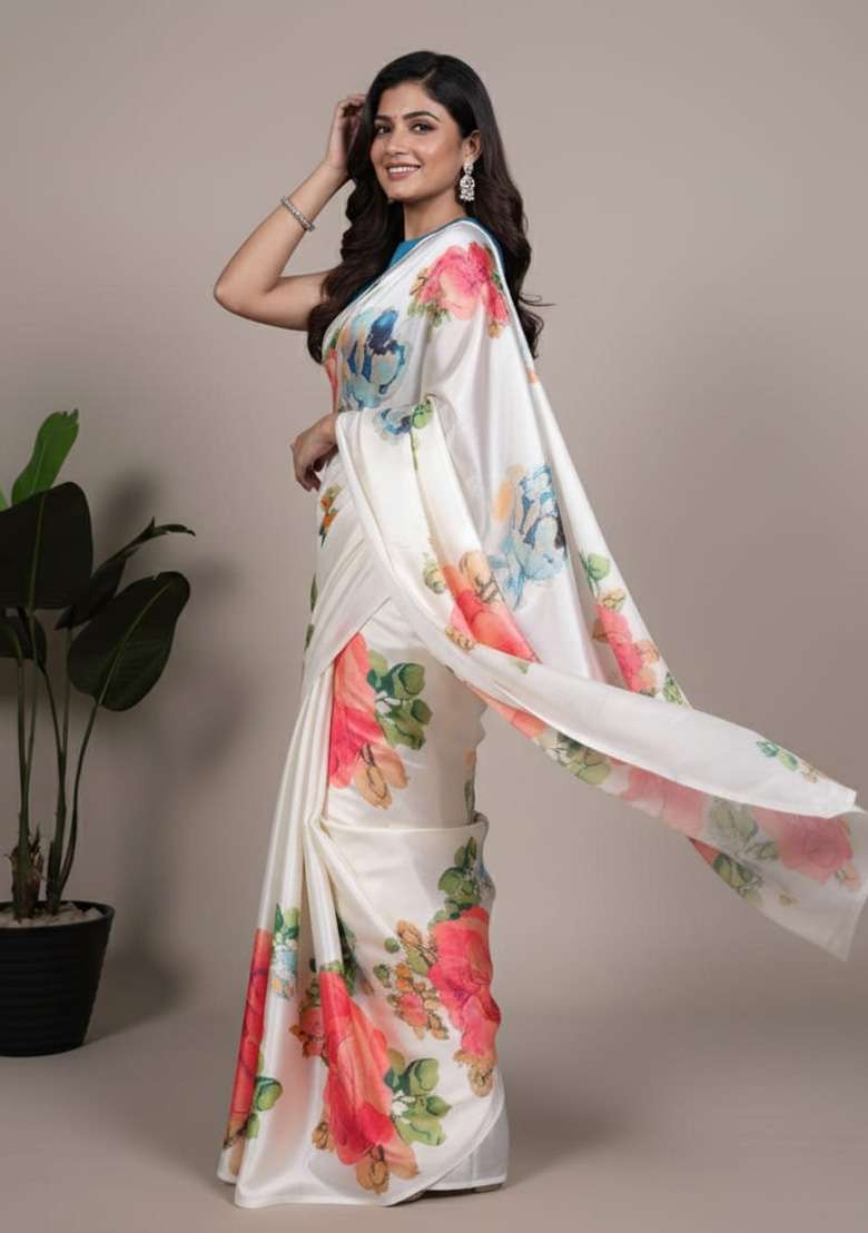 White Silk Blend Saree with Printed for Diwali | Wedding & Festive Wear - Indya