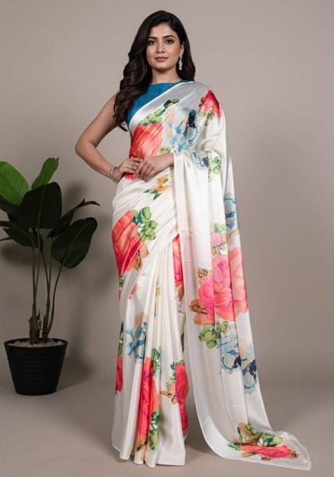 White Printed Silk Saree