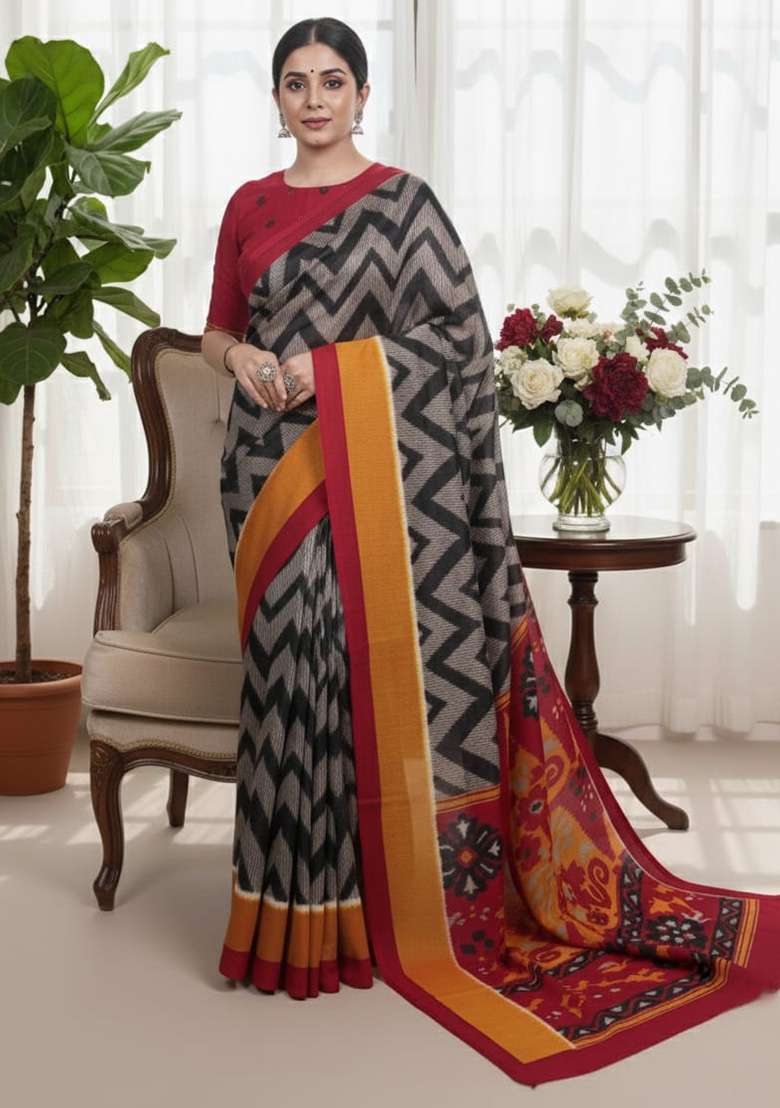 Black Printed Silk Blend Saree for Diwali and Festive Wear - Indya