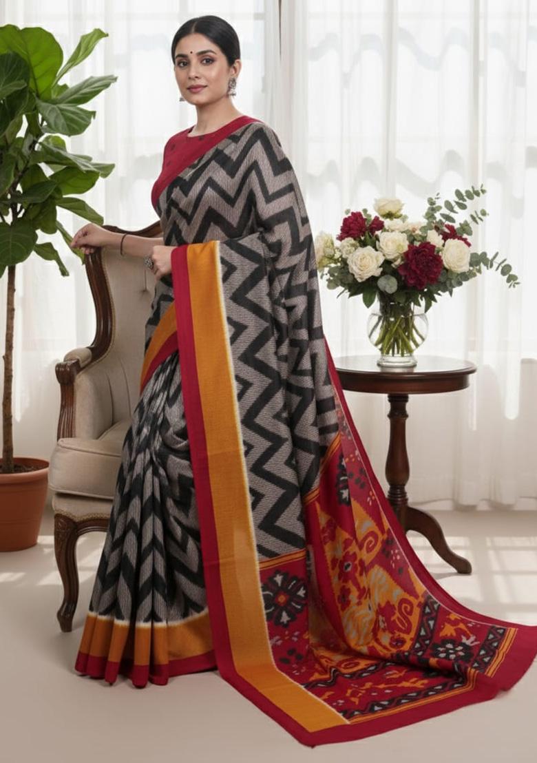 Black Printed Silk Saree - Indya