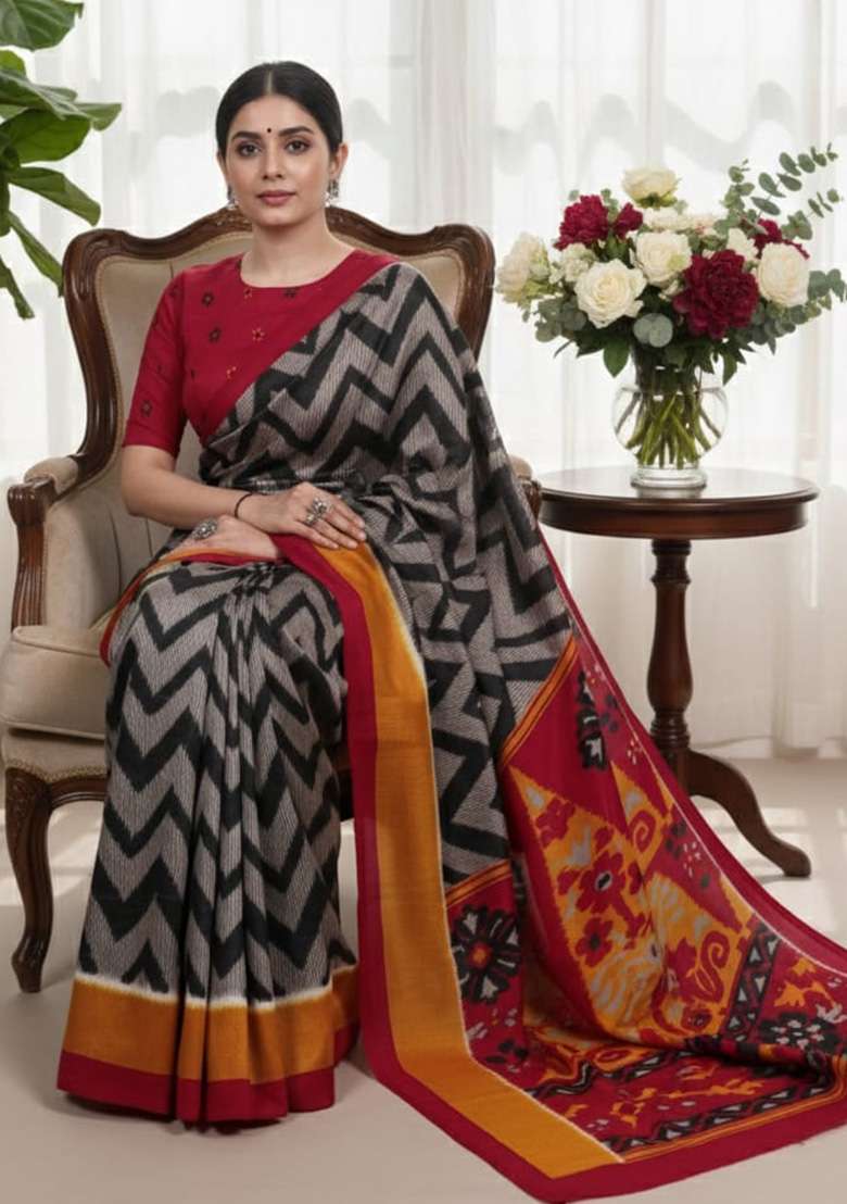 Black Printed Silk Blend Saree for Diwali and Festive Wear - Indya