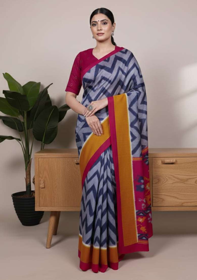 Blue Silk Blend Saree with Printed for Diwali | Wedding & Festive Wear - Indya
