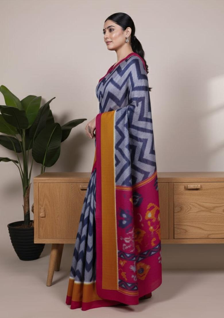 Blue Printed Silk Saree - Indya