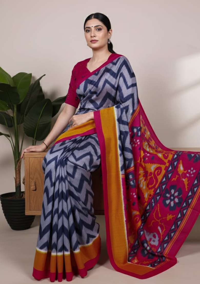Blue Silk Blend Saree with Printed for Diwali | Wedding & Festive Wear - Indya
