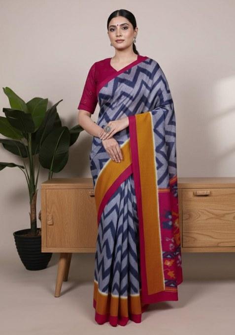Blue Printed Silk Saree