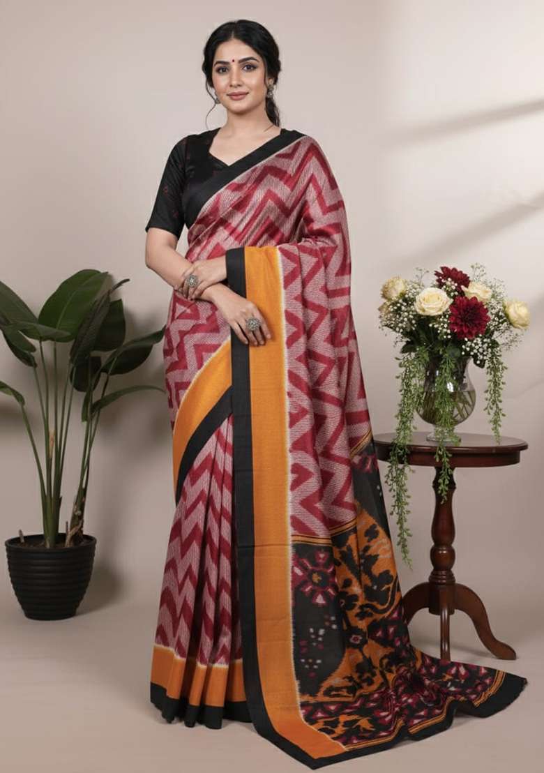 Maroon Printed Silk Blend Saree for Diwali and Festive Wear - Indya