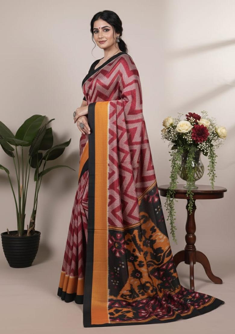 Maroon Printed Silk Saree - Indya
