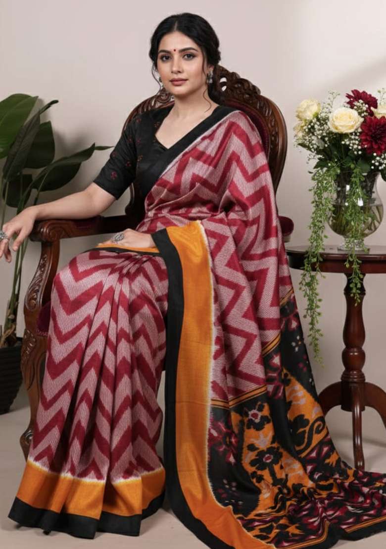Maroon Printed Silk Blend Saree for Diwali and Festive Wear - Indya