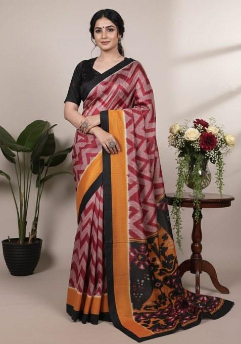Maroon Printed Silk Saree