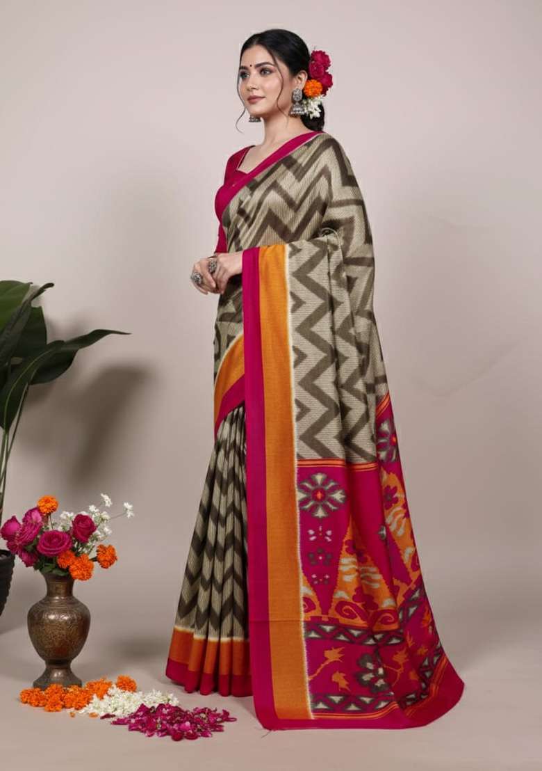 Mehendi Printed Silk Blend Saree for Diwali and Festive Wear - Indya