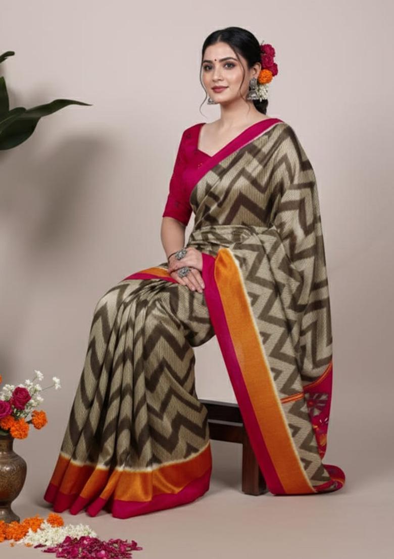 Mehendi Printed Silk Saree - Indya
