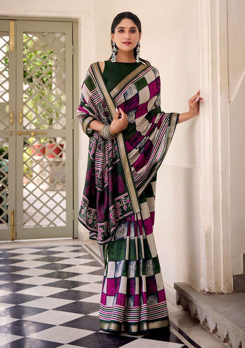 Green Printed Chanderi Saree for Diwali and Festive Wear - Indya
