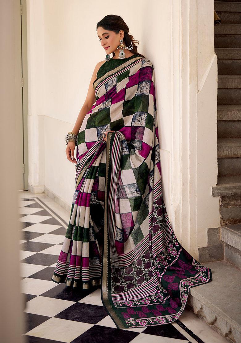 Green Printed Chanderi Saree - Indya