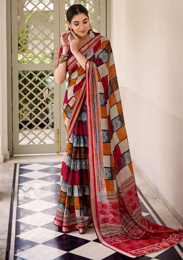 Maroon Printed Chanderi Saree for Diwali and Festive Wear - Indya