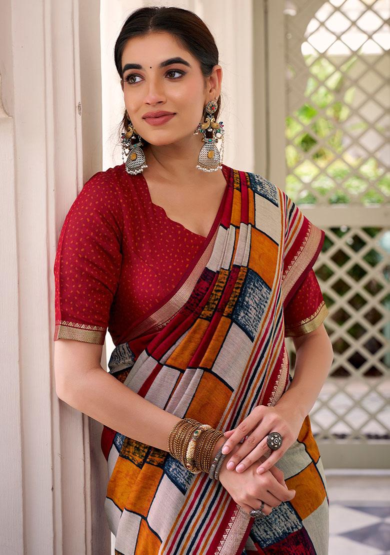 Maroon Printed Chanderi Saree - Indya