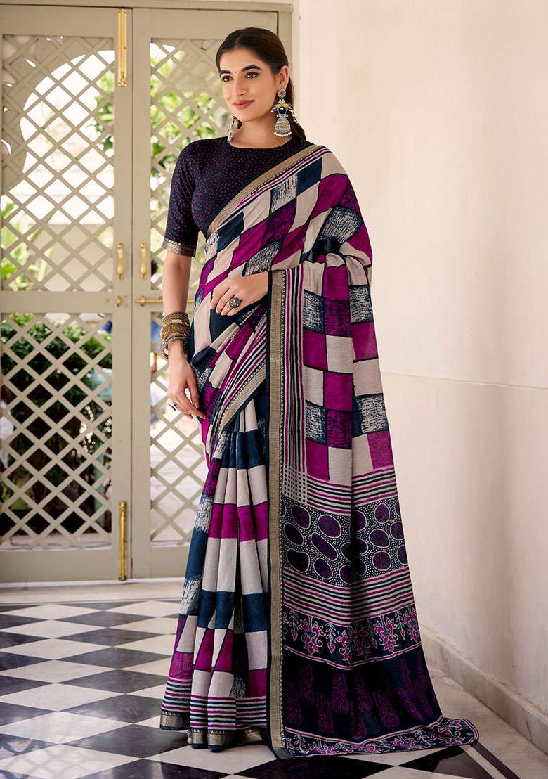 Navy Blue Chanderi Saree with Printed for Diwali | Wedding & Festive Wear - Indya