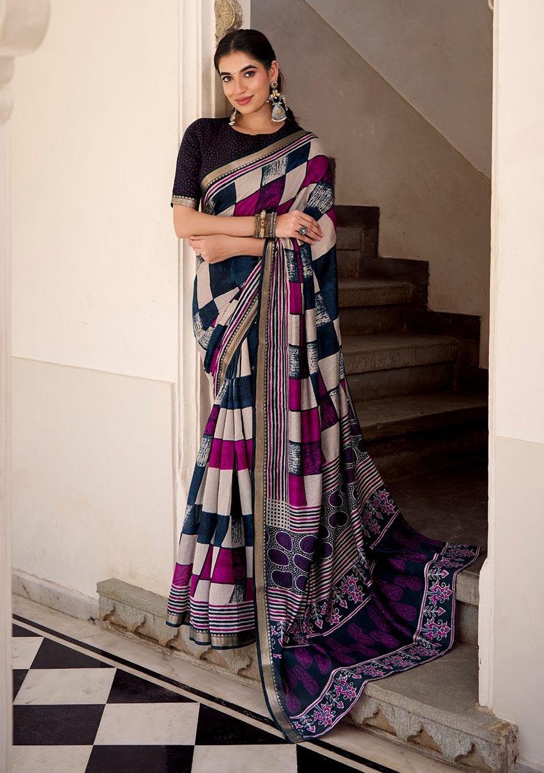 Navy Blue Printed Chanderi Saree - Indya