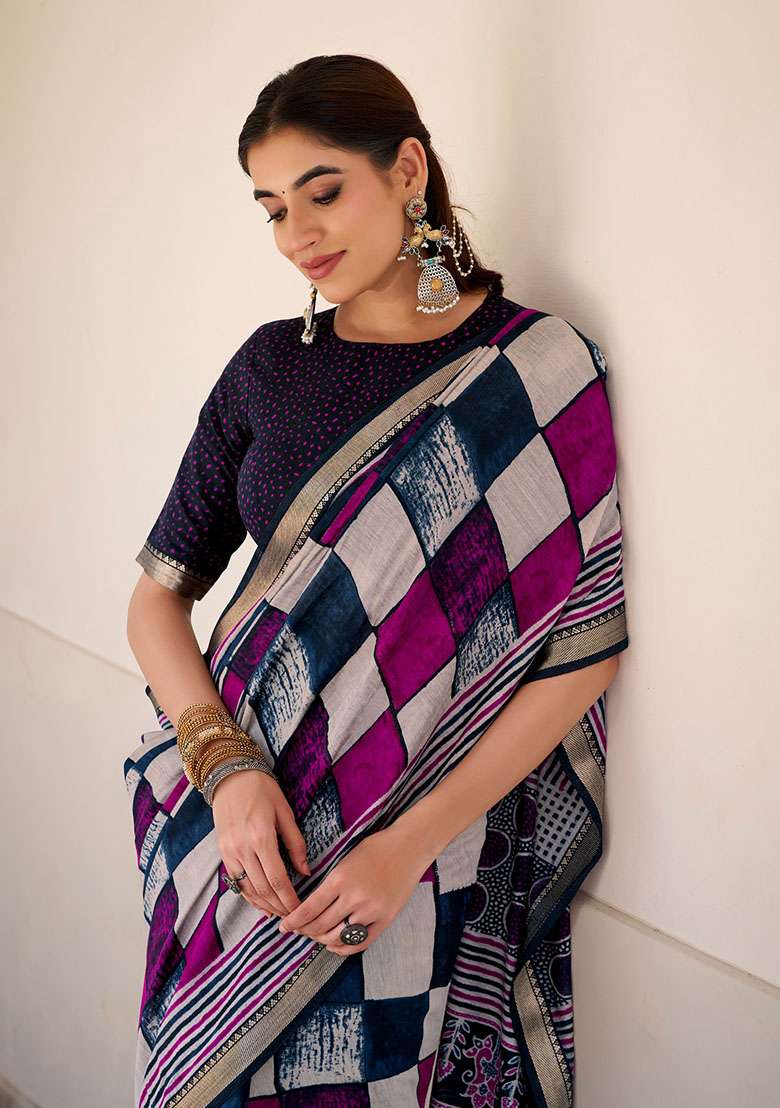 Navy Blue Chanderi Saree with Printed for Diwali | Wedding & Festive Wear - Indya