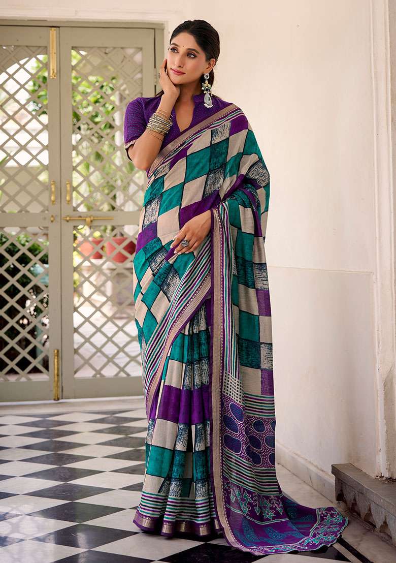 Purple Printed Chanderi Saree for Diwali and Festive Wear - Indya
