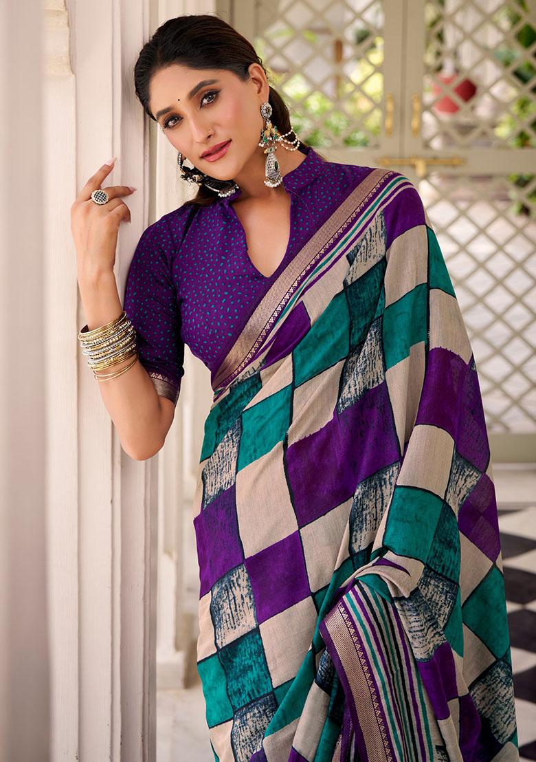 Purple Printed Chanderi Saree - Indya