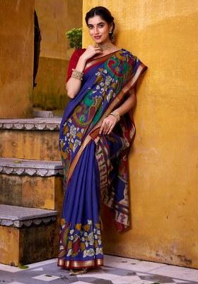 Blue Printed Chanderi Saree