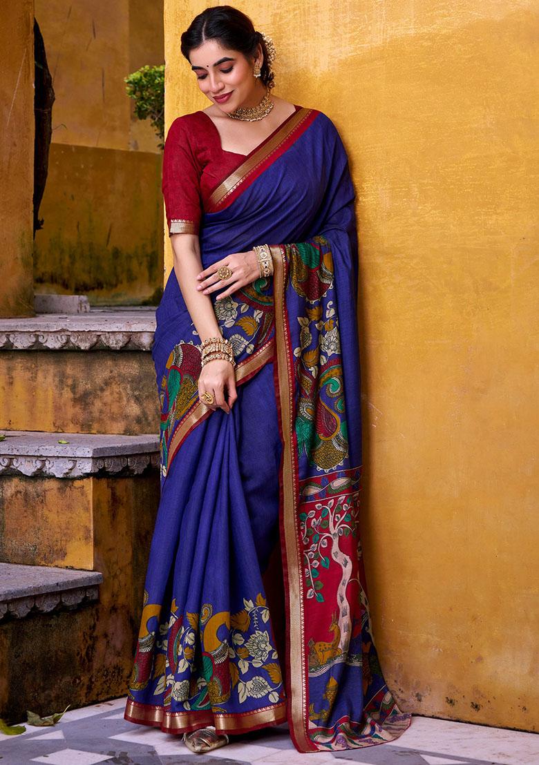 Blue Printed Chanderi Saree - Indya