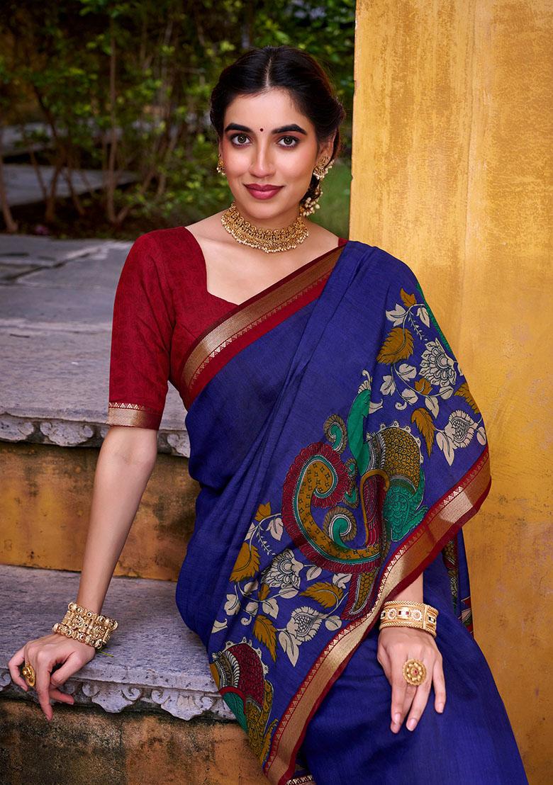 Blue Printed Chanderi Saree - Indya