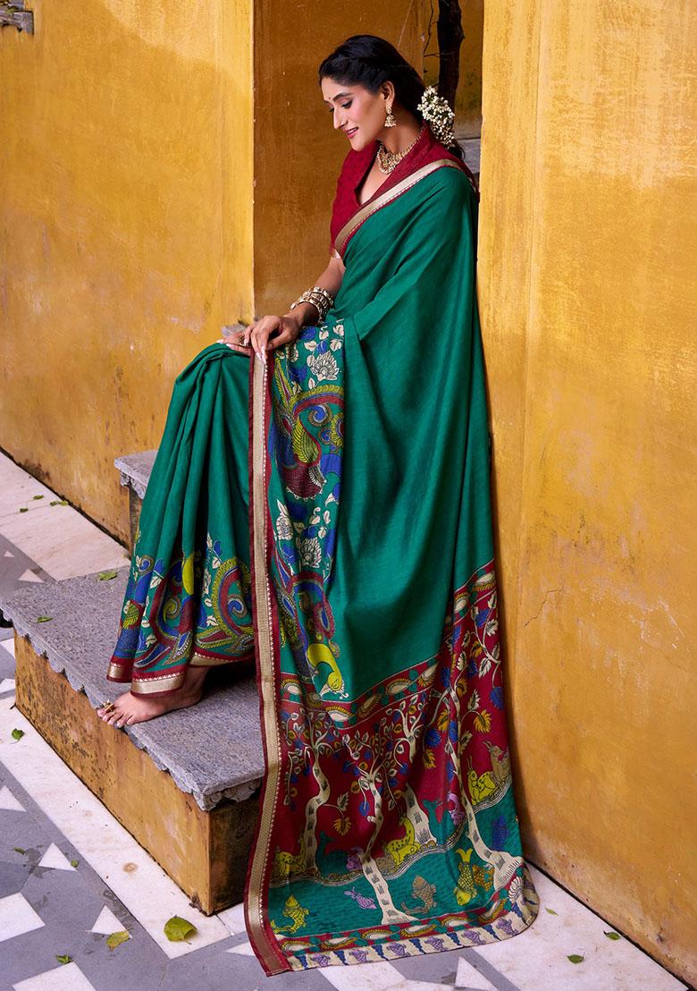 Green Printed Chanderi Saree - Indya
