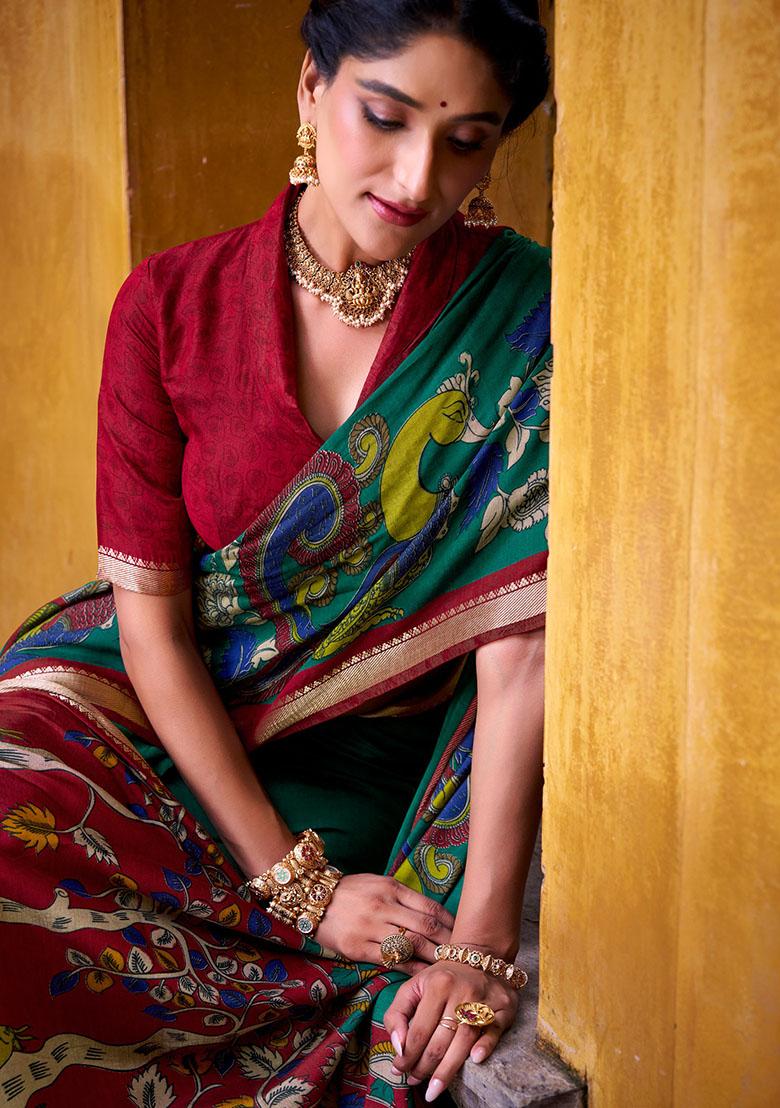 Green Printed Chanderi Saree - Indya