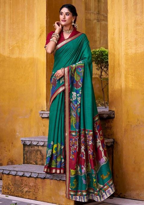 Green Printed Chanderi Saree