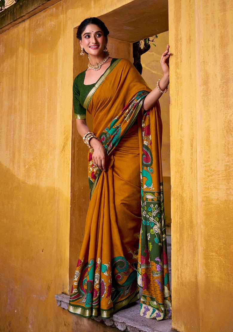 Mustard Printed Chanderi Saree - Indya