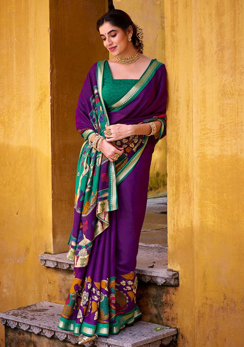 Purple Printed Chanderi Saree - Indya