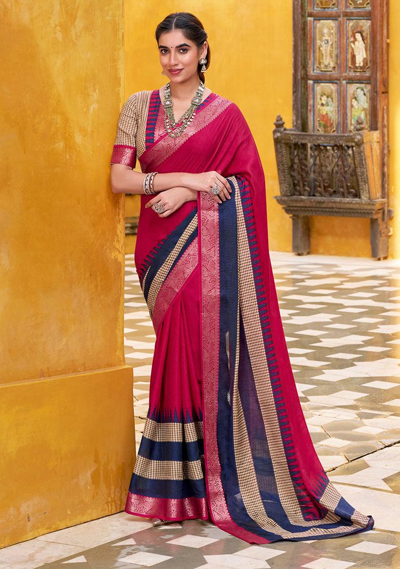 Pink Printed Cotton Saree - Indya