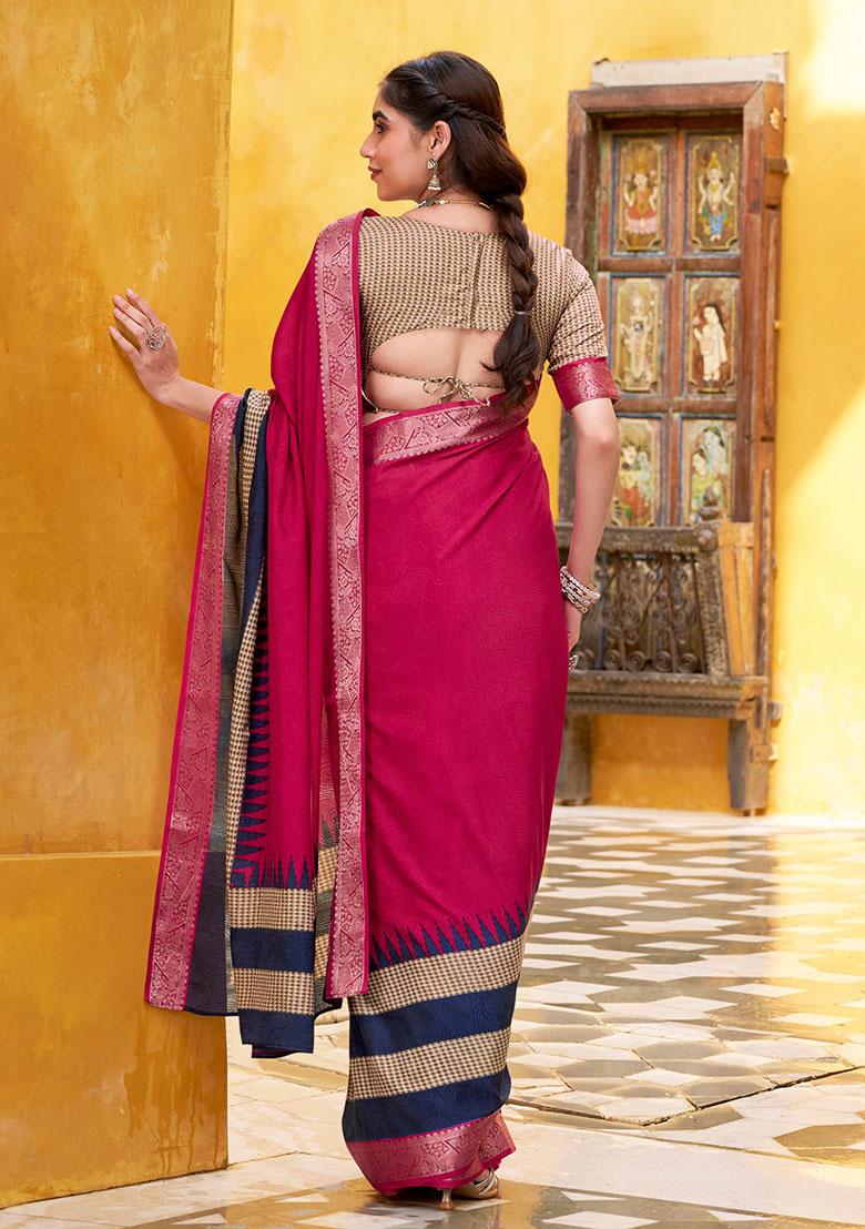 Pink Printed Cotton Saree - Indya