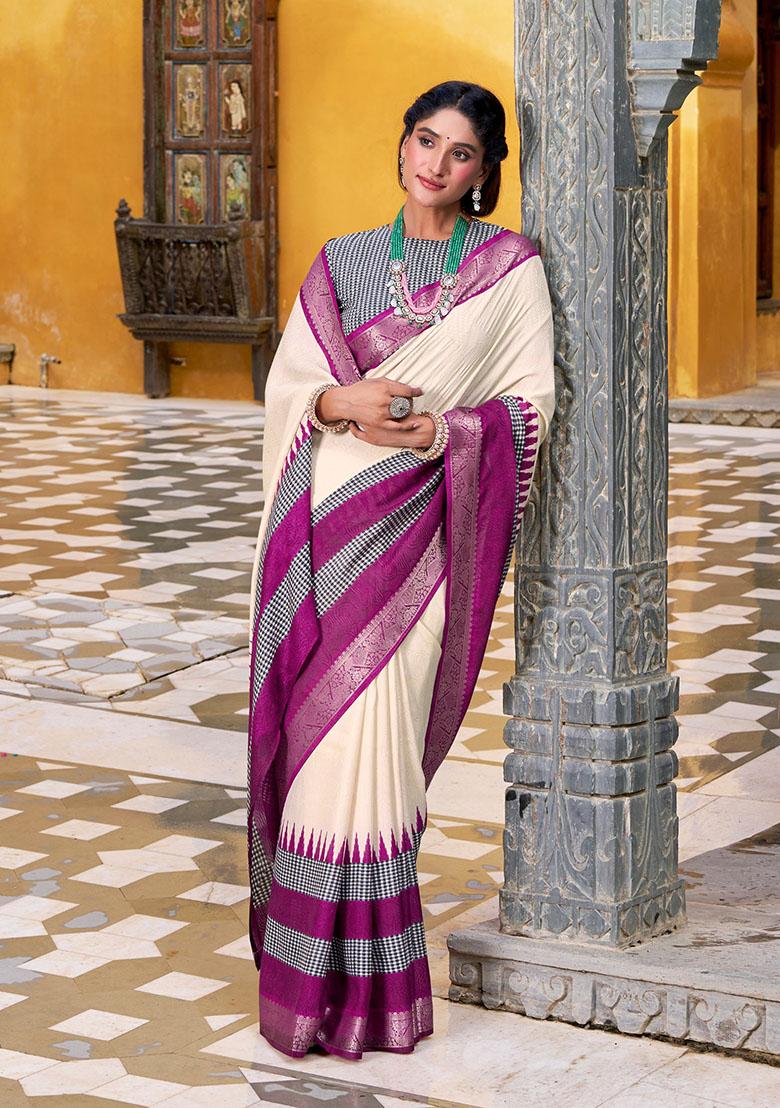 White Printed Cotton Saree - Indya