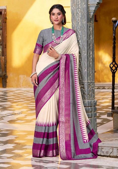White Printed Cotton Saree